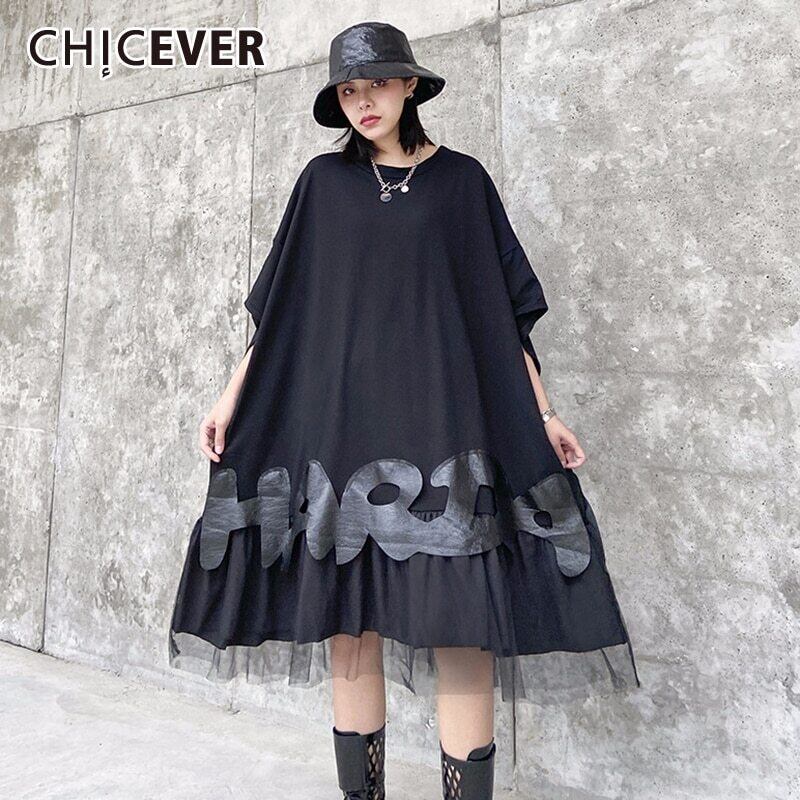 CHICEVERメッシュパッチワークレディースドレスラウンドネックルーズ半袖オーバーサイズミディドレス2020夏 ショート ハーフスリーブ サマー 夏物 Oネック 6base534354168998