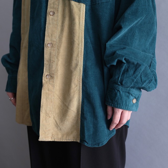 bi-color switching design corduroy shirt