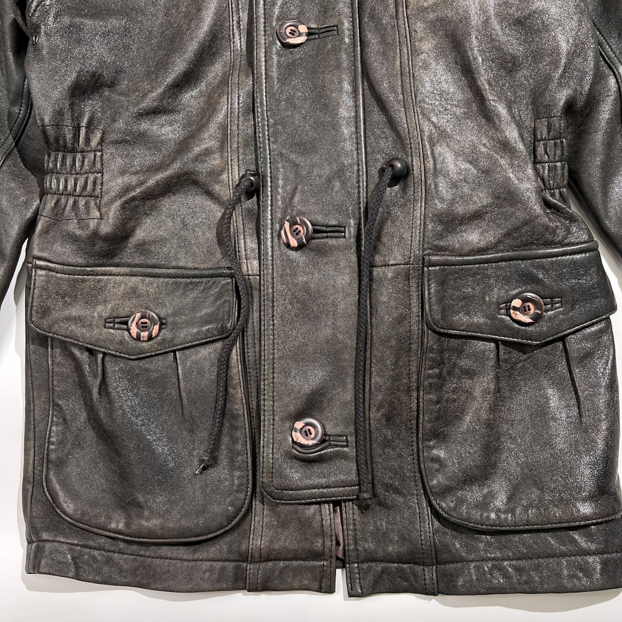 Wind Armor ウィンドアーマー 羊革 ラムレザー 本革 フーデッド ハーフ コート サイズ M /ブラック系 裏地アニマル柄