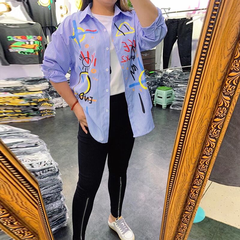 プラスサイズの婦人服2020秋新しいルーズウエスタンスタイルのストライプシャツ太った姉妹が肉と薄い秋のトップスをカバー ミックスインファッション43962832196