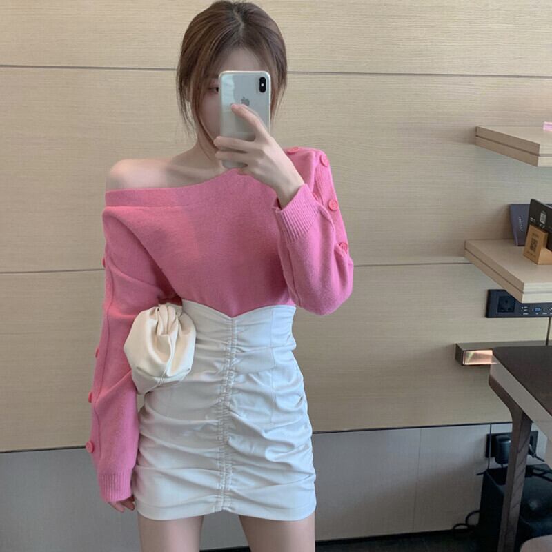 オータムスタイルボタンブラウス ハイウェストプリーツレザースカート レディース 秋物 オフショルダー ガールズファッション83450940168