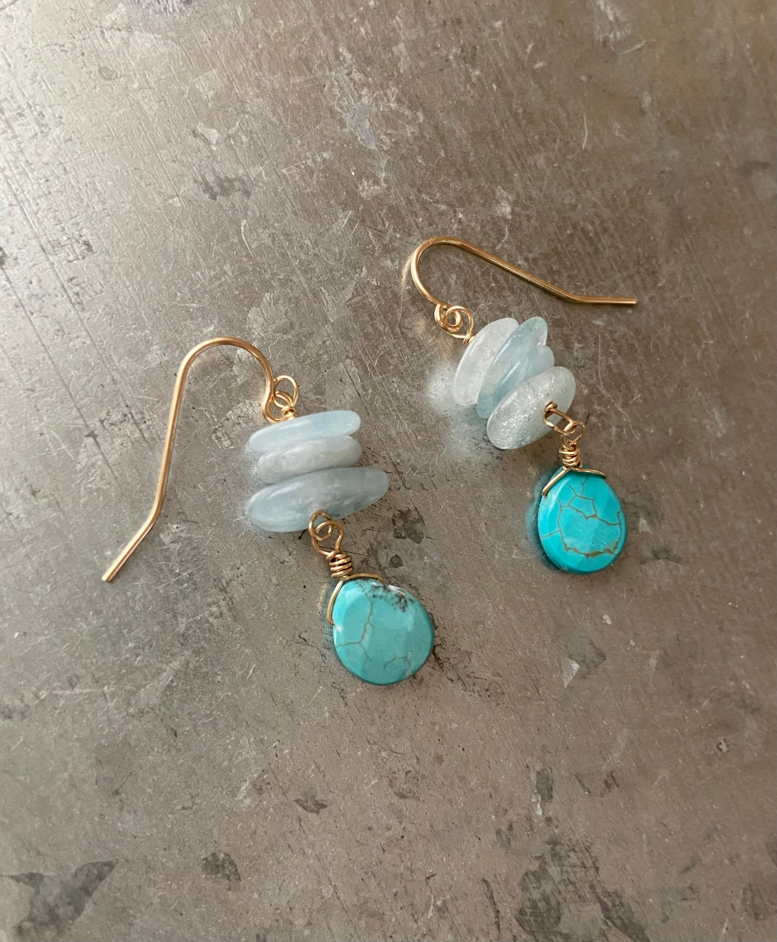 天然石☆夏☆ターコイズ×アクアマリンのピアス14kgf