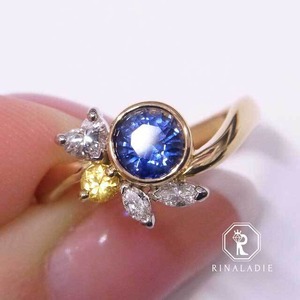 K18YGブルーサファイアとイエローサファイアの青惑星と満月のリング