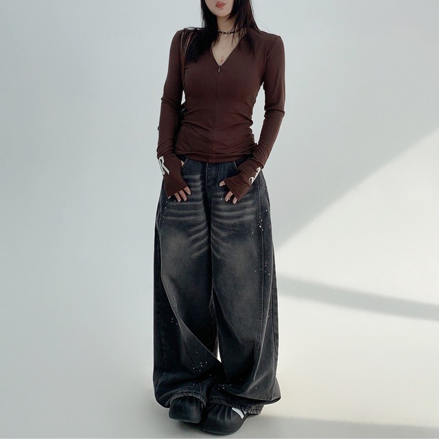 tight silhouette V-neck zipper　タイトシルエットVネックジッパー　J0666