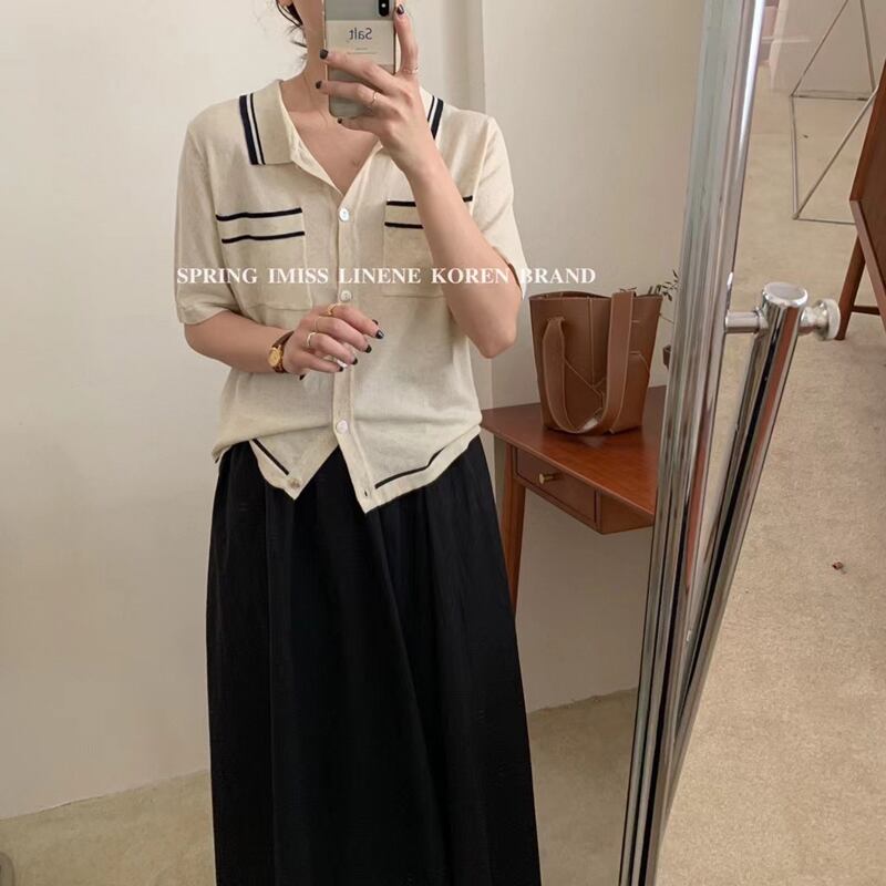 カラーニットトップス 薄手カジュアルブラックホワイトシャツ ビッグFスモールZ韓国36176202103