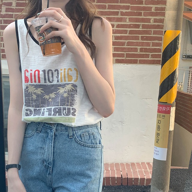 プリント柄Tシャツ シャツ サマーカジュアルルーズノースリーブトップス 夏物 クレセントシティ94783145307