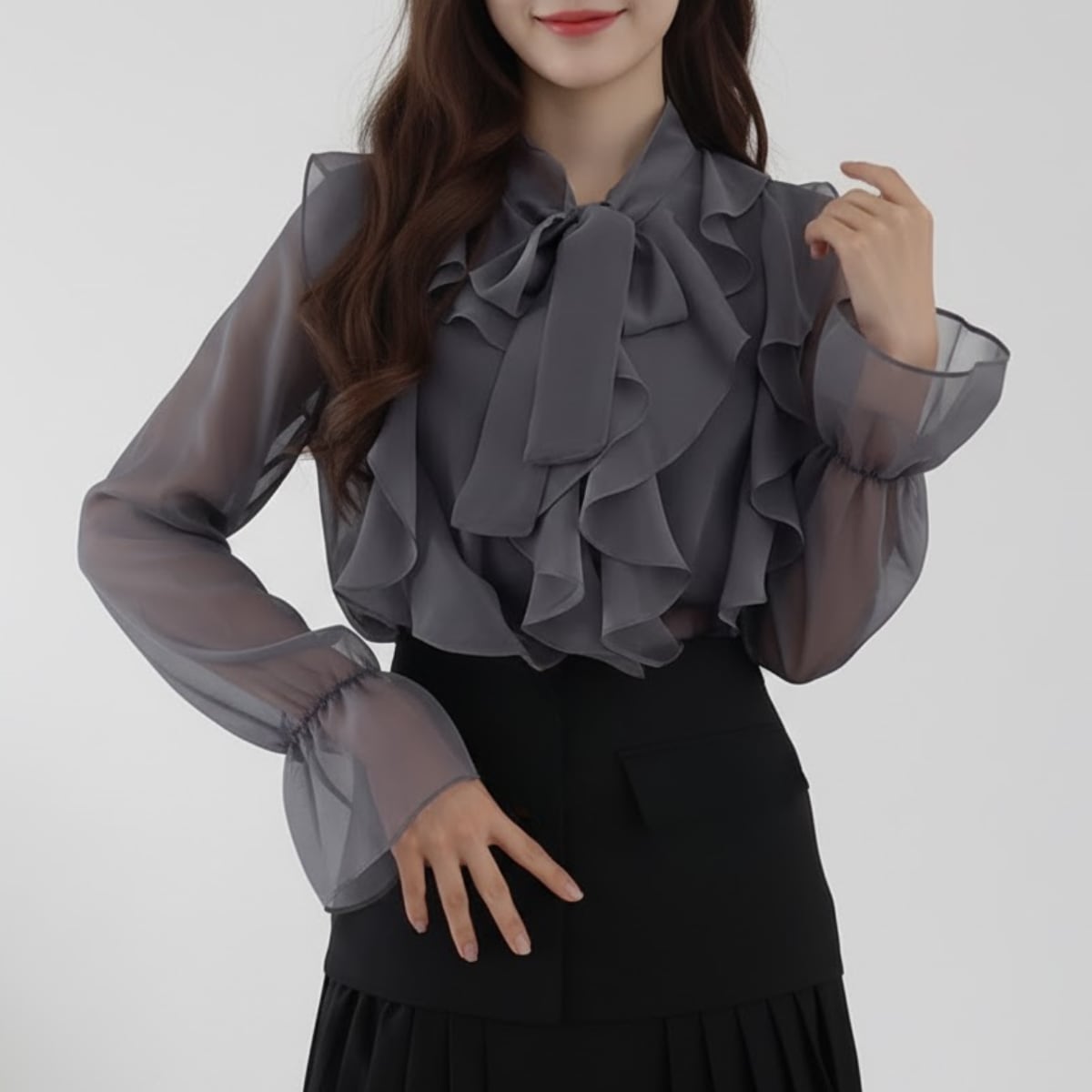 Frilled Tie Sheer Chiffon Blouse ch0075
