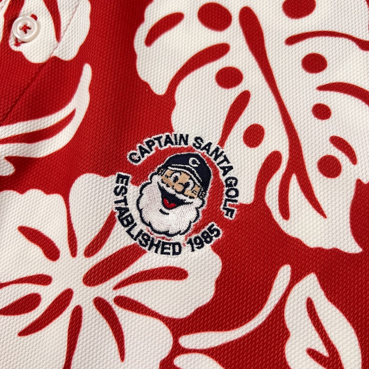 CAPTAIN SANTA キャプテンサンタ GOLF CLUB ハイビスカス 総柄 BD 半袖 メッシュ ポロシャツ サイズ XL /レッド×ホワイト/メンズ/ゴルフ/日本製
