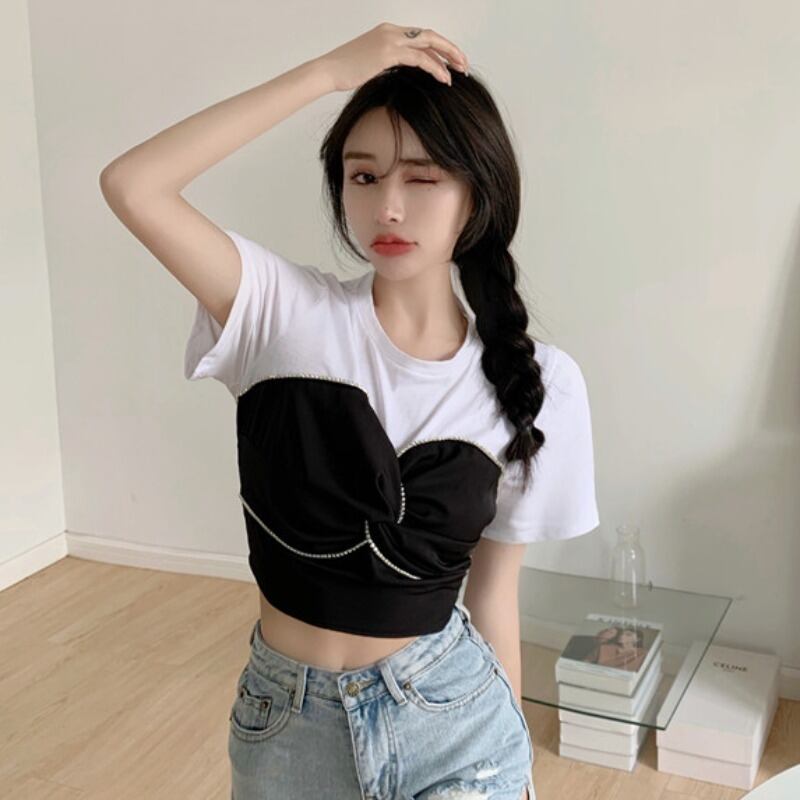 チェーン ラウンドネックショートTシャツ スタイルウェストブラウス レディース Oネック ステッチ ハンチェンe83168439550