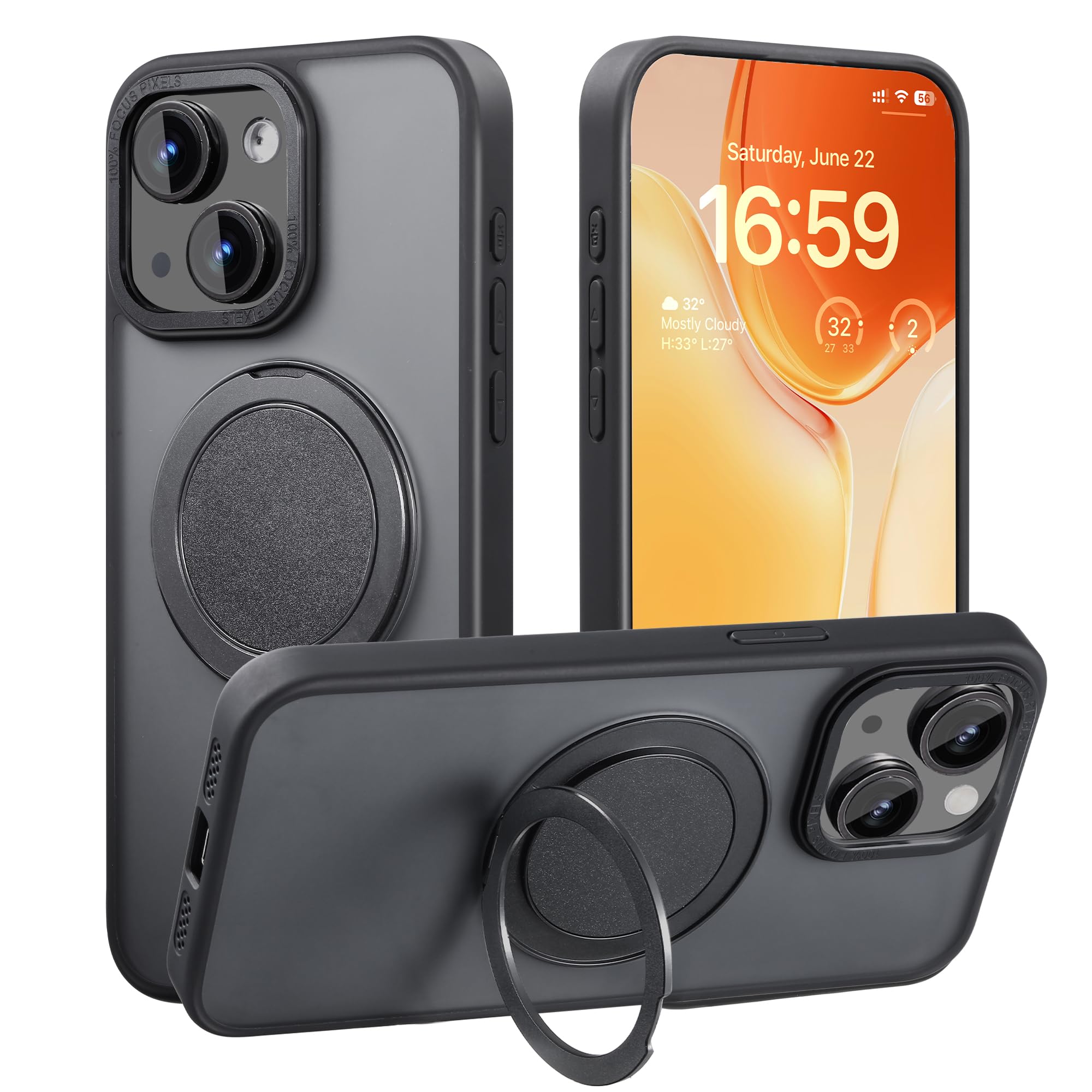 【Magsafe対応・スタンド付き】Mcoifull iPhone14 ケース iPhone13 ケース マグネット搭載 ワイヤレス充電 耐衝撃 マット感 半透明 指紋防止 アジャスタブルスタンド アイフォン14 ケース アイフォン13 ケース ブラック