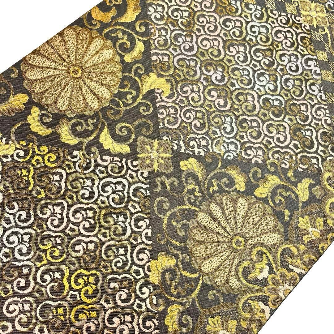 袋帯 斜め市松柄に華柄模様 薄黒色 金糸 O-3856 | リユース着物わびさび 