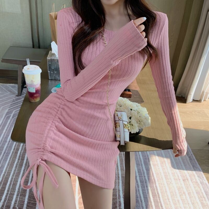 ニットドレス スリムウェストショートスカート スプリング ロング 春物 ブラックストロベリース66175671487