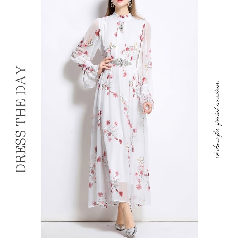 スタンドカラーフラワーシャツドレス3色展開 D0176