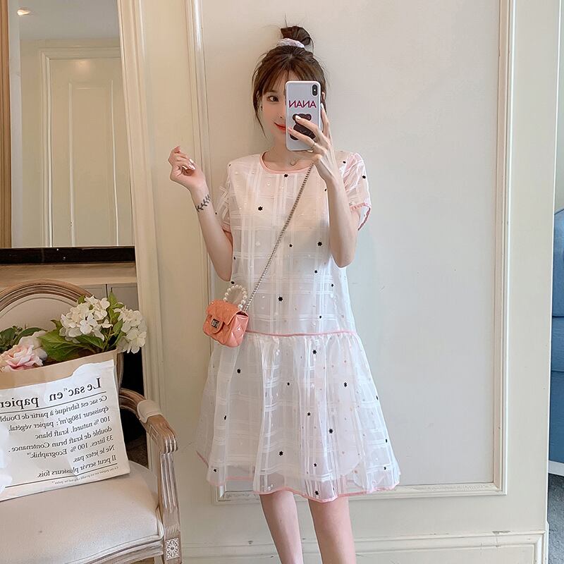 【新作】【送料無料】 マタニティドレス2020夏の新しいメッシュ刺繍の年齢を減らすドレス小さな新鮮なミドル丈のトレンディなマタニティドレス-アリババ レッド サマー 夏物 expec267157384071