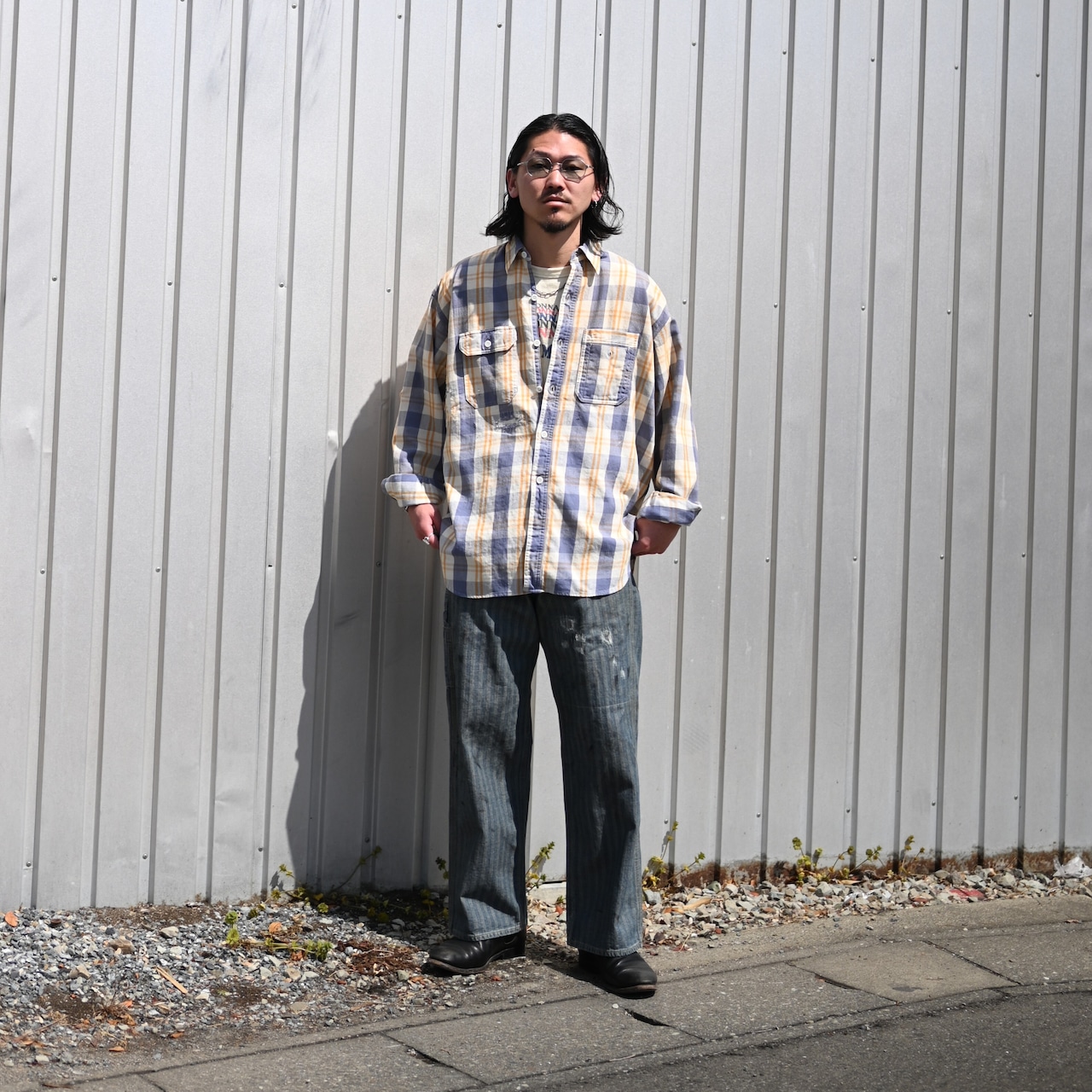 BOWBOW(バウワウ)UNIQUE POCKET CHECKED FLANNEL SHIRT AGED,FER GRITGEAR PANTS AGEDコーディネート