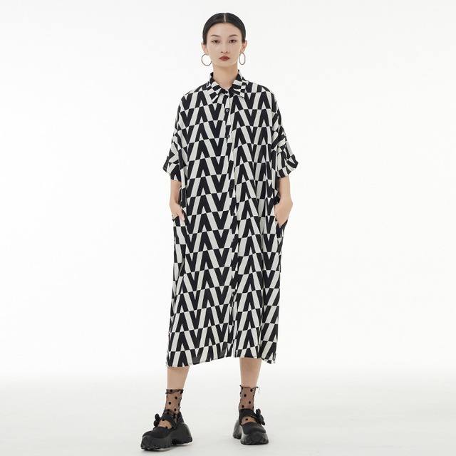 u19720 ワンピース ロング丈 夏秋新作 レディース トレンドカジュアル プリント アーガイル