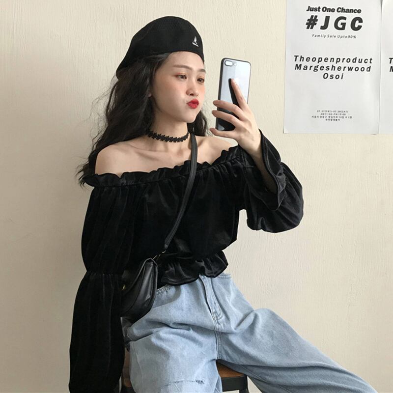 レトロなデザインのニッチなワンワードカラーオフショルダーショートベルベット長袖シャツ女性2020年春の新しいトップス 1号婦人78214746504