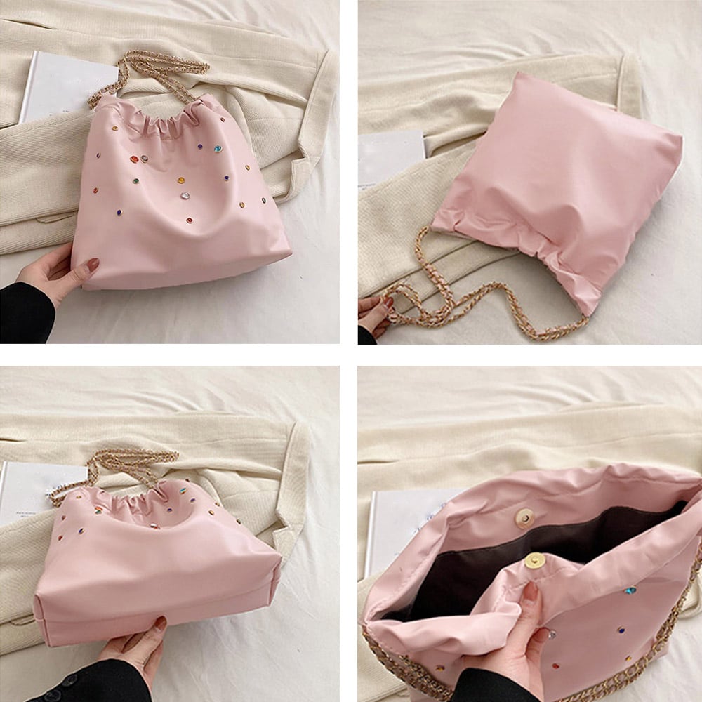 韓国デザイン ビジューチェーンショルダー ハンドバッグ BAG チェーンショルダーバッグ ビジュー巾着鞄 | フィールド スタンド