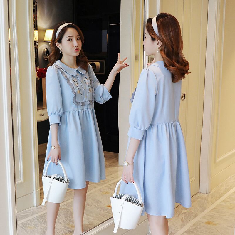 【新作】【送料無料】 マタニティドレス2019春夏バージョンの新しいファッション刺繍ミッドスリーブ人形の襟ルーズマタニティドレス-アリババ スプリング 春物 サマー 夏物 expec22123385356