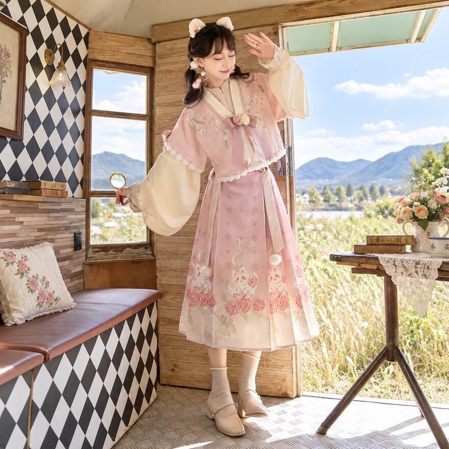 薔薇庭園の白猫便り 花刺繍ジャケットと広袖の中華ロリータ3点セット