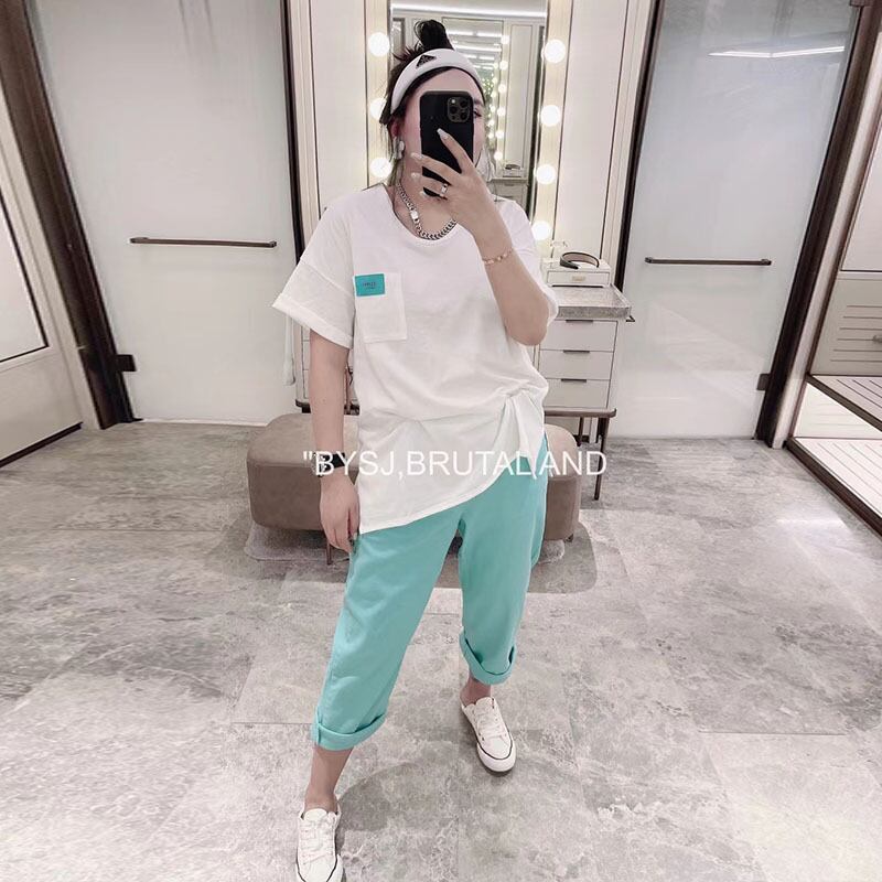 ラウンドネックシングルポケットプリント半袖スリーブTシャツ スタイルパンツ ハーフスリーブ 大きめサイズ Oネック ミックスインファッション81676135317