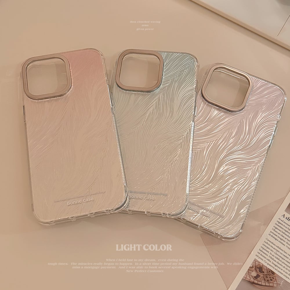 美しすぎる!!フェザーみたいなシルバー オーロラ iPhone15 カメラ保護 メタルフレーム 羽毛デザイン スマホケース ND-15501