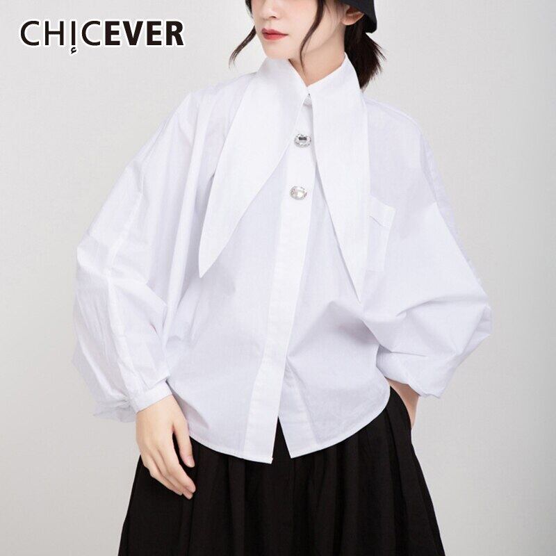 CHICEVERダイヤモンドシャツレディースセーラーカラーランタン長袖ルーズラージサイズホワイトブラウス2020秋 ロング 大きめサイズ 6base576343315759