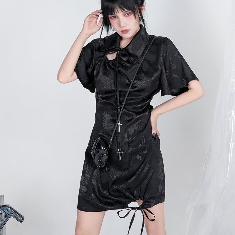 サブカル 服 地雷系 通販 闇かわいい ミニワンピ ハードガール 十字架 裾リボン ドラゴン 中華風ハードゴシック パンク