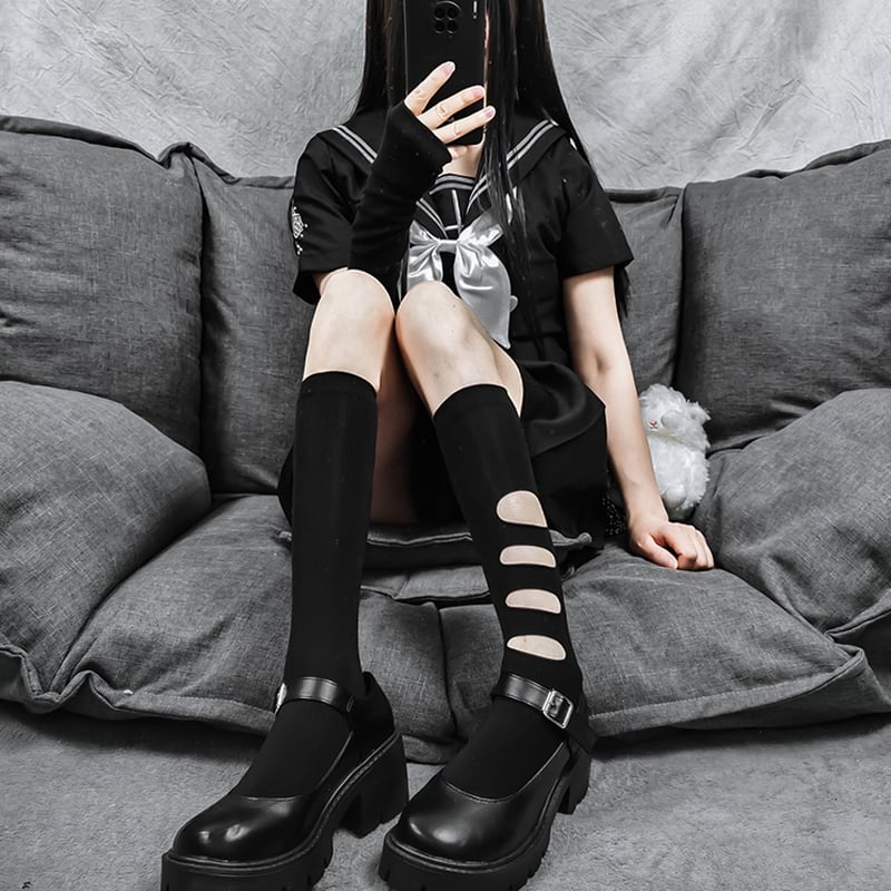 サブカル 服 地雷系 通販 ブラック ハイソックス レッグリング 穴空き クラッシュソックス 闇かわいいバンギャ