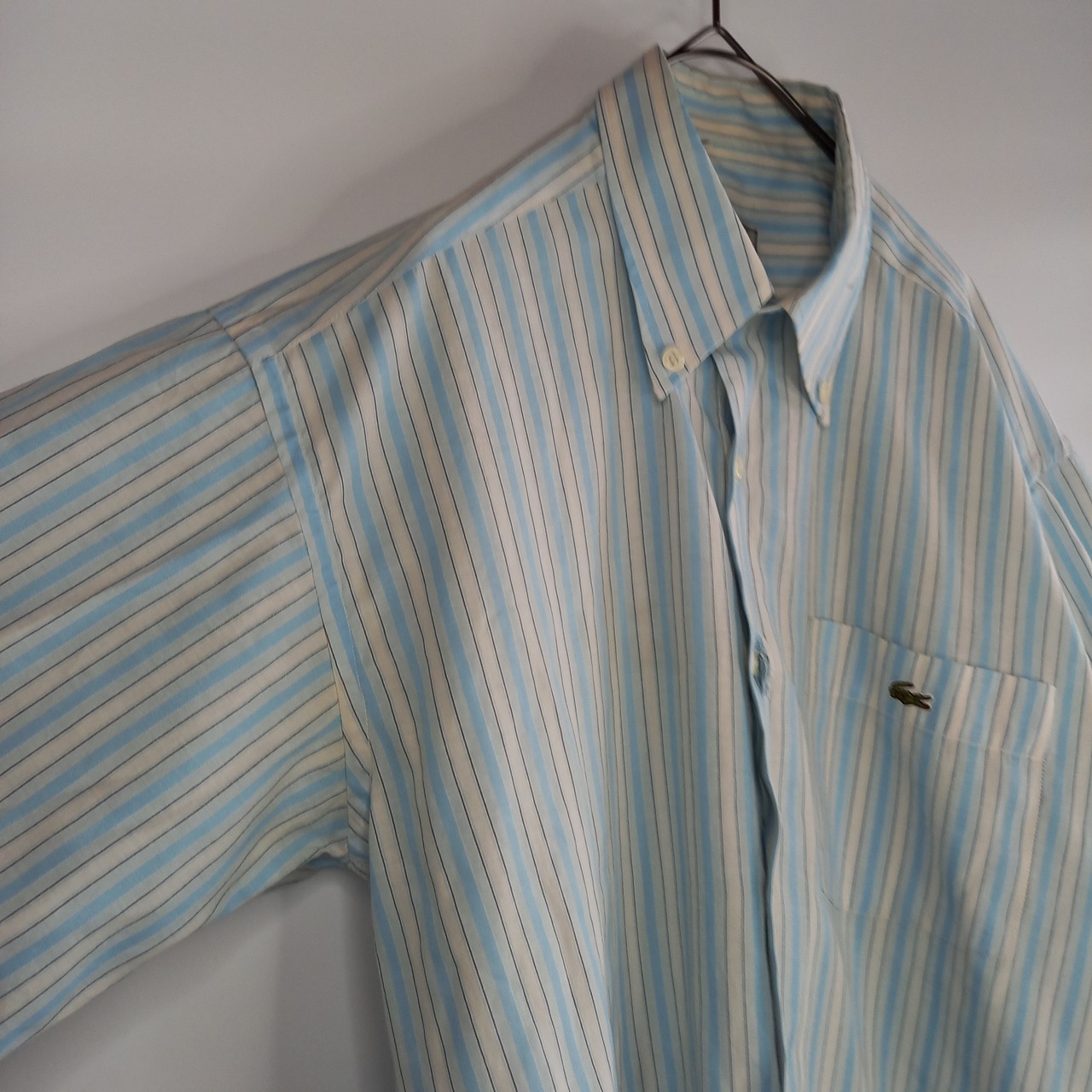 90s　ラコステ　BDシャツ　半袖　ストライプ　刺繍ロゴ　ライトブルー　M