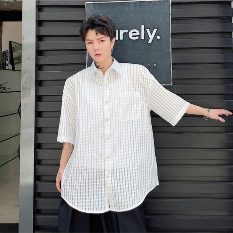 サブカル 服 地雷系 通販 メンズ 半袖シャツ シアー 透け感 チェック柄