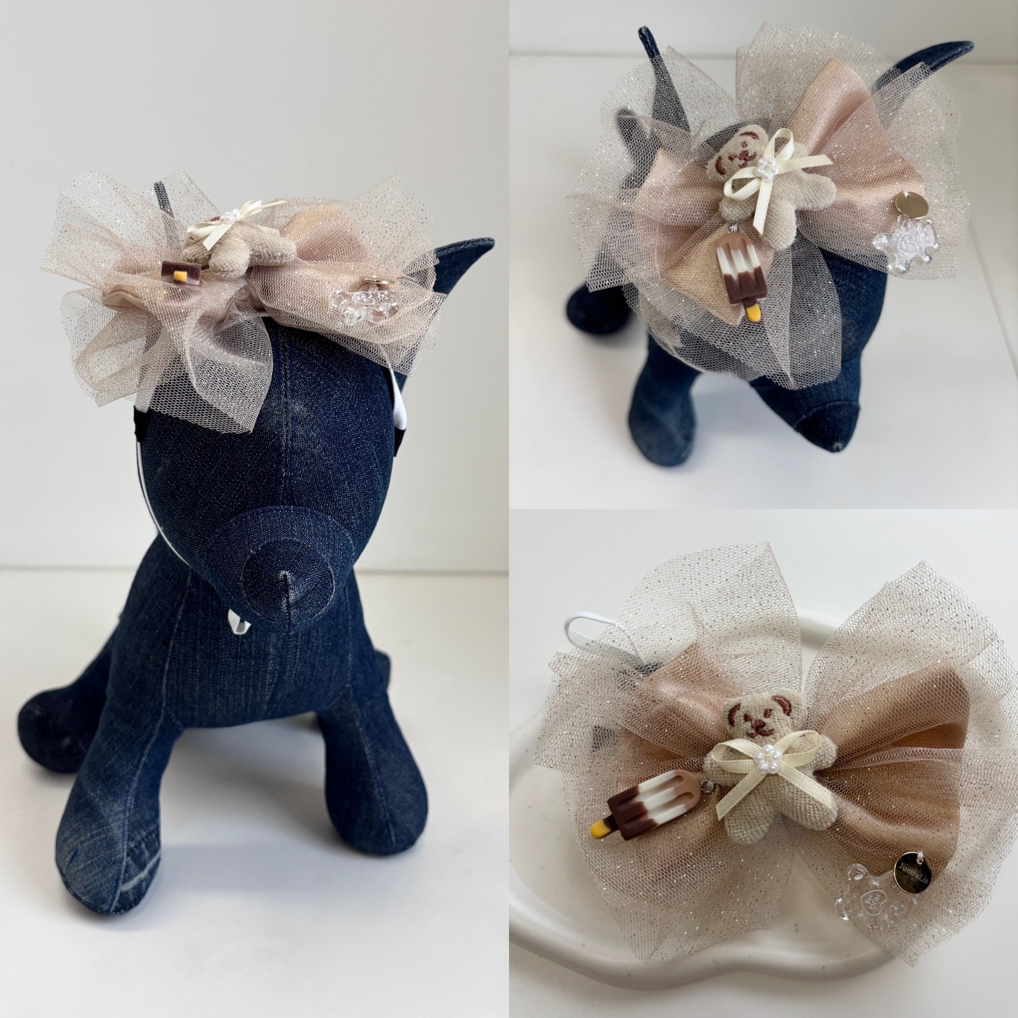 リボンカチューシャがお気に入り くまちゃん テディベア 海外作家様 ハンドメイド くまさんモチーフチュールリボンカチューシャ | JuetraLis