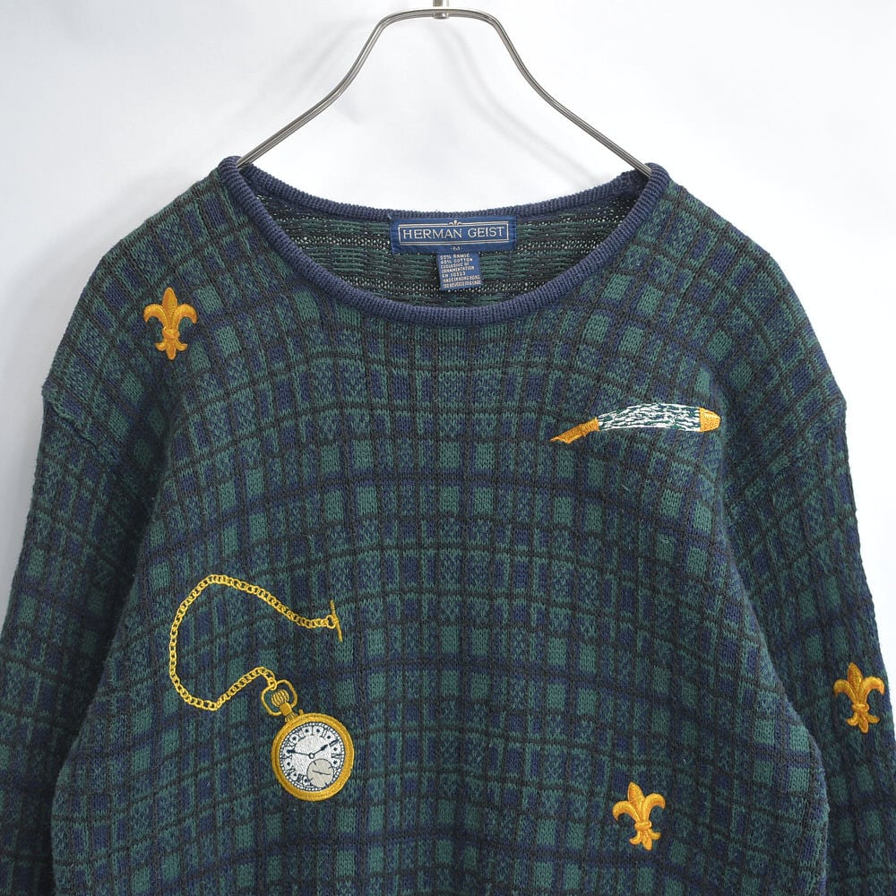 80～90s HERMAN GEIST ハーマンガイスト モチーフ刺繍 デザイン ラミーコットン  プルオーバーニット セーター ヴィンテージ ビンテージ USA アメリカ古着 レディースMサイズ 80～90s HERMAN GEIST ハーマンガイスト モチーフ刺繍 デザイン ラミー