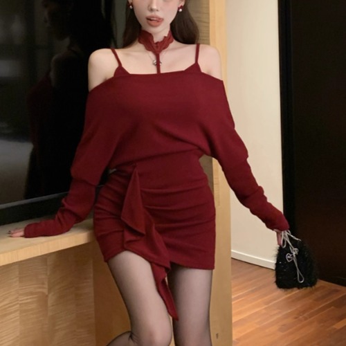 2色／チョーカーネックラッフルワンピ ・12675