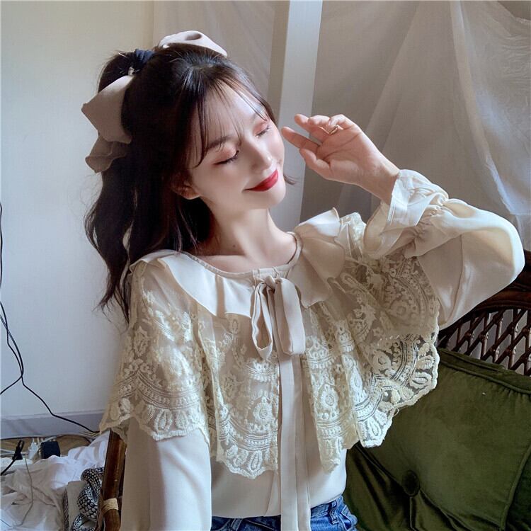 トップス オータムルーズレースシャツ シフォンレディース ロング 秋物 レースアップ 萌量不足46783634296