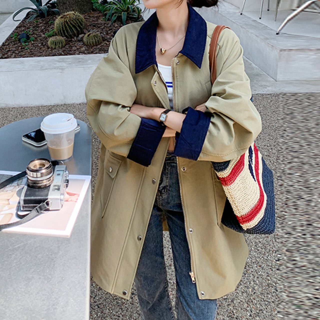 バイカラー ポケット付きミディ丈コート Ln00119