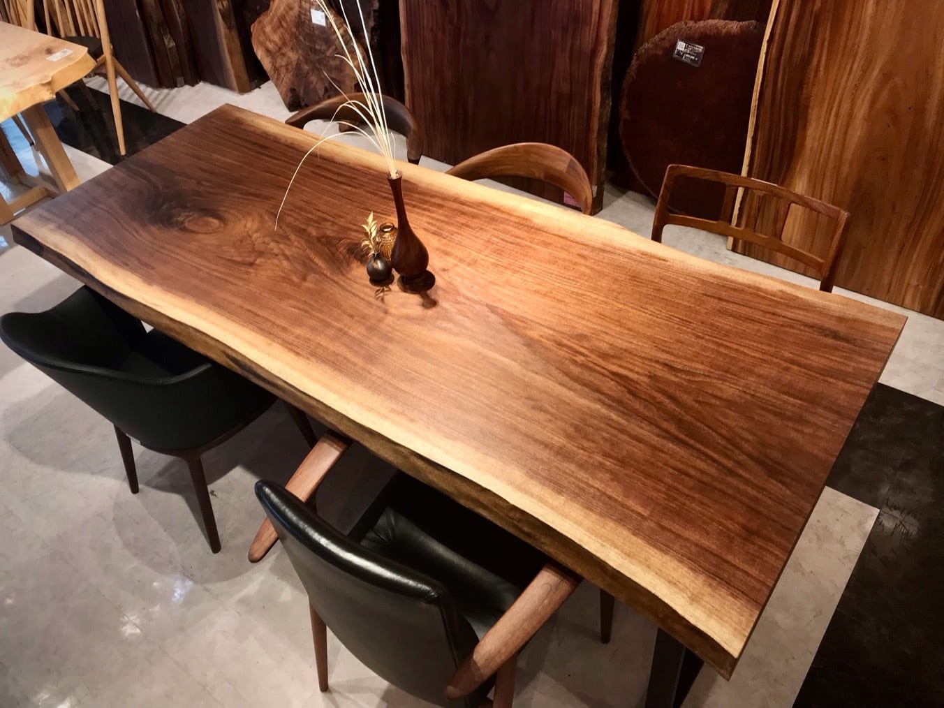 【千年家具】ウォールナット一枚板 ダイニングテーブル 185cm ステンレス脚付 ウォールナット_2100×780-860× 55 _横浜元町店_テーブル天板/一枚板