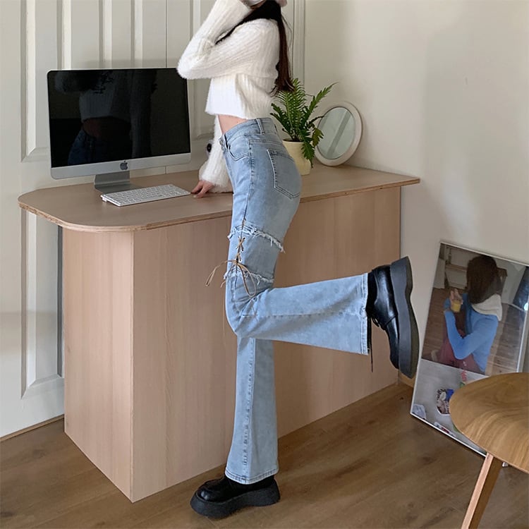 【新作】【送料無料】 ホットガールマイクロフレアジーンズレディース秋冬ハイウエストスリムストレートパンツデザインストラップハイストリートパンツイントレンド 0385884068692