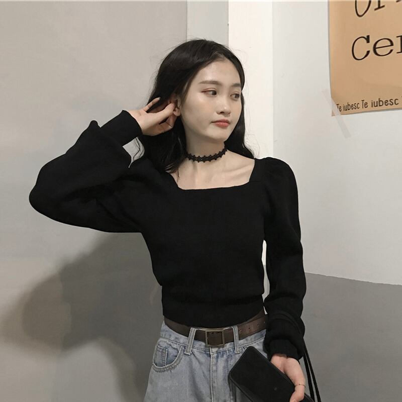 スプリングブラックニットセーター スリムシャツ ショートトップス 春物 スクウェア スーパーモール60265317912