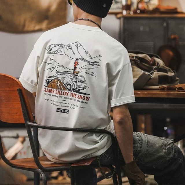 アウトドア バックプリント クルーネック Tシャツ 00505