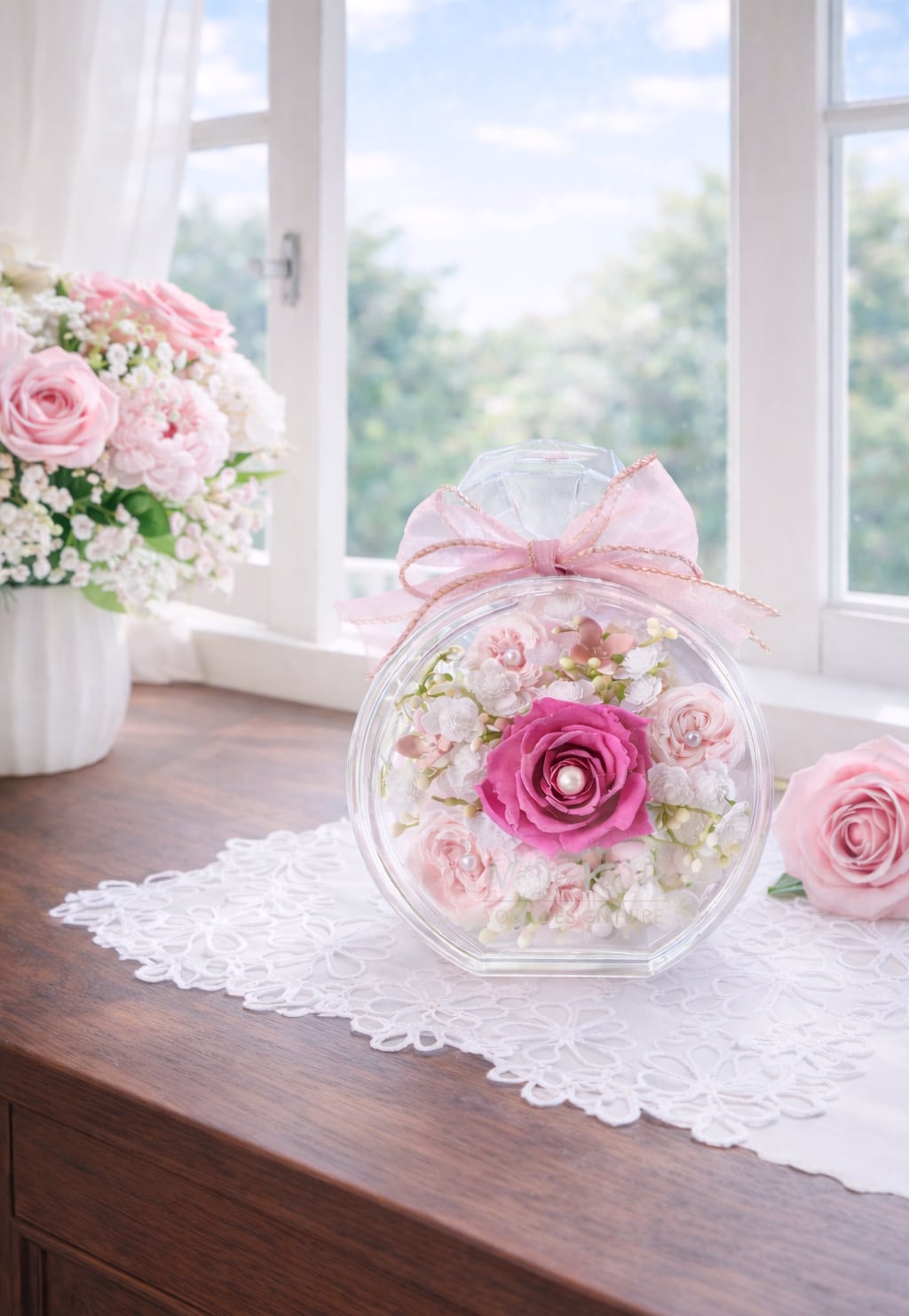 香水瓶フラワーアレンジ【FA-004】ピンクローズのやさしい贈りもの｜ギフトBOX付き・プリザーブドフラワーインテリア