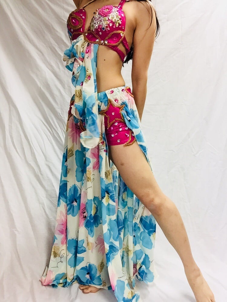 エジプト製 ベリーダンス衣装 花柄水色&ピンク | shamirajapan