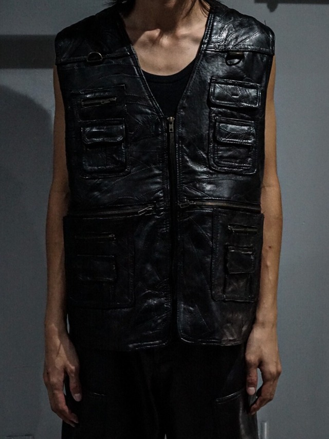 【add (C) vintage】Zip x Pocket Military Gimmick Design Loose Leather Vest