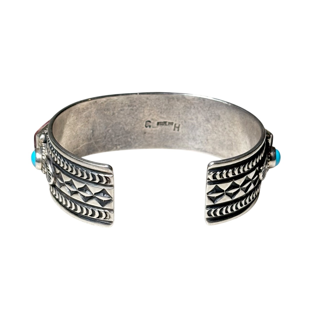 Navajo GUY HOSKIE turquoise & purple spiny oyster 7 stone bangle