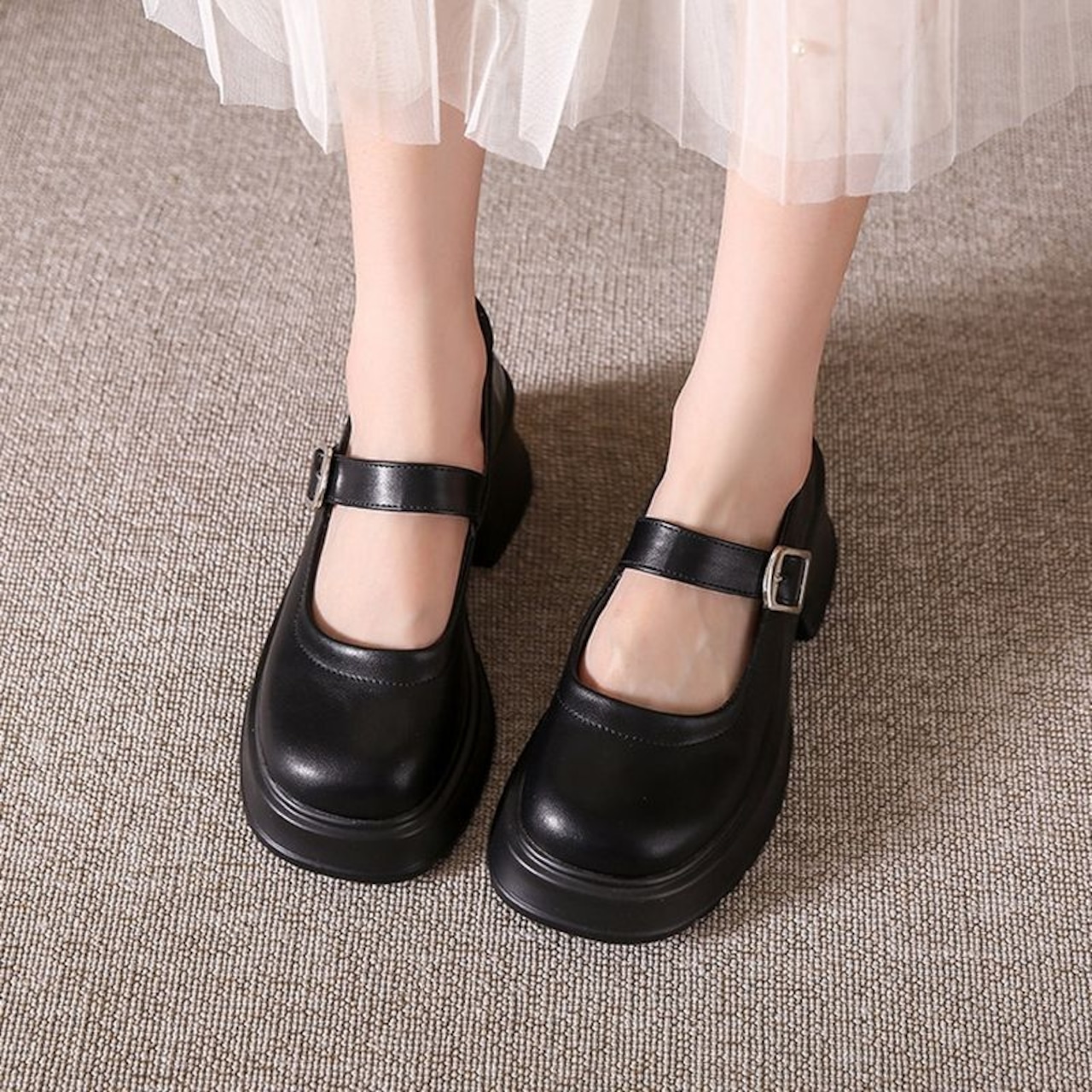 ストラップ  厚底 プレーントゥ シューズ  90015