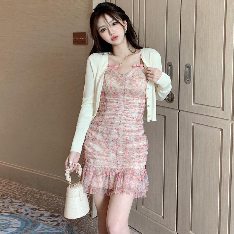 フローラルリボンドレス ニット薄手カーディガン 花柄 ハンチェンe16638879958