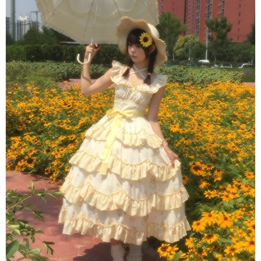 陽光の花園 花柄ティアードのカントリーロリータロングワンピース5点セット