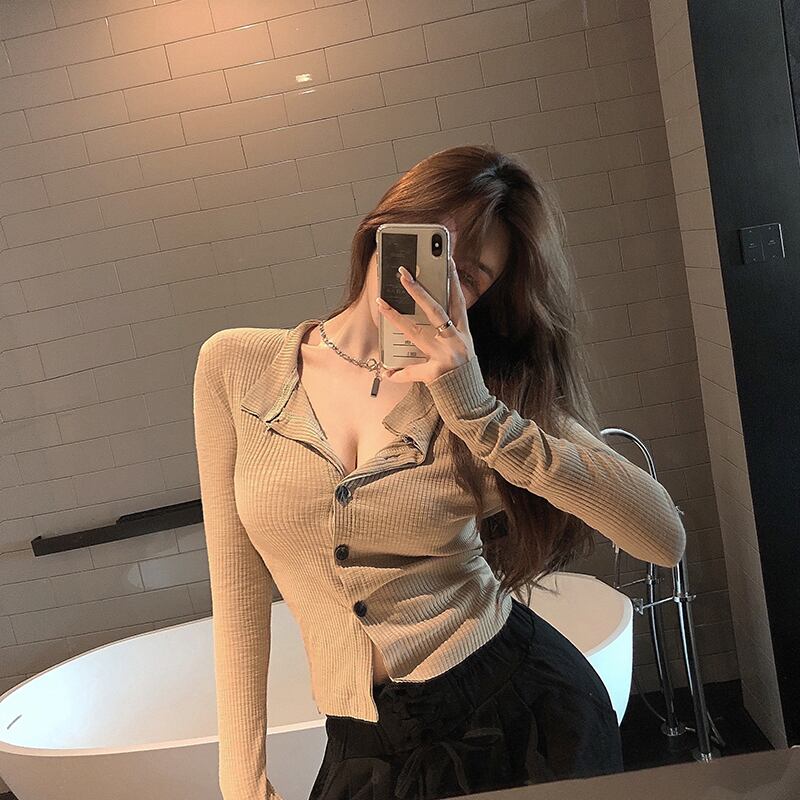 優しい風カーキ長袖ニットボトミングカーディガンレディース2020年秋新作スリムインナーショートトップ ブラックストロベリース91409178978