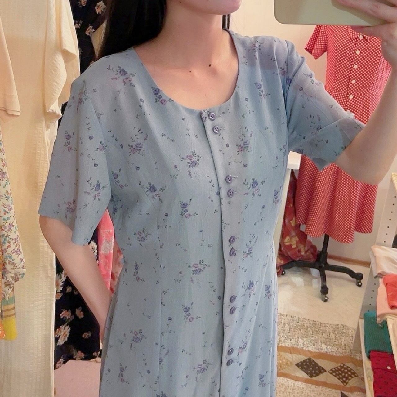 blue purple rose front button one-piece