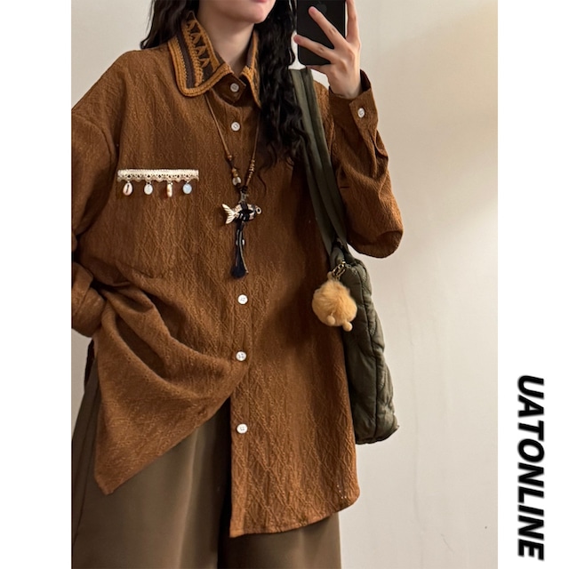 【UATONLINEシリーズ】★シャツ★ エスニック風 トップス 長袖シャツ ユニセックス メンズ コーヒー色